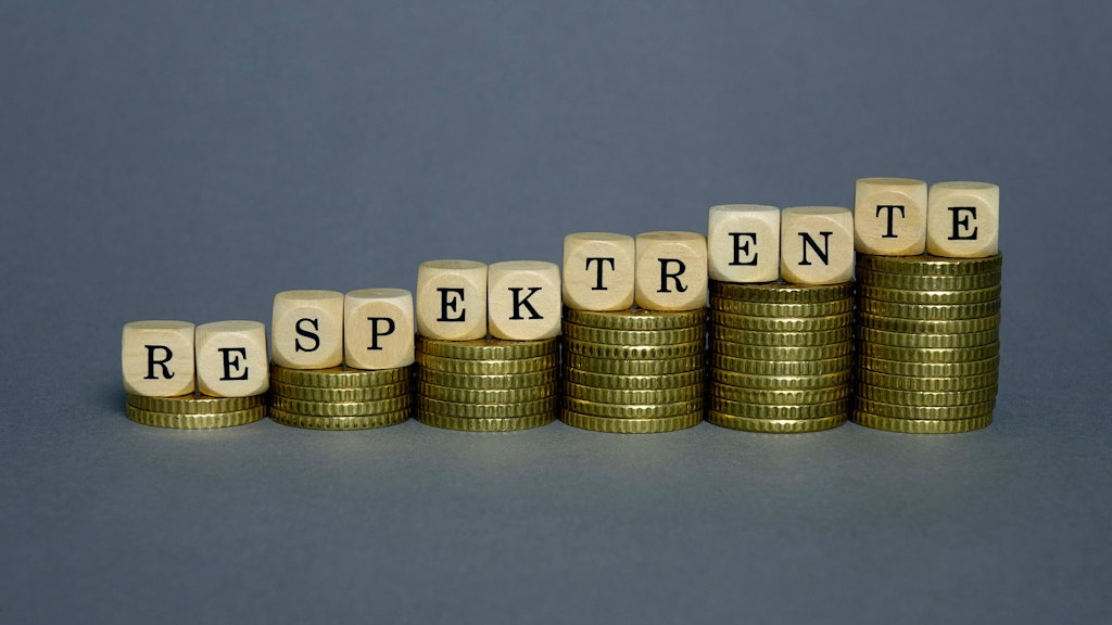 Buchstabenwürfel mit dem Wort Respekt-Rente liegen auf Geldstapeln