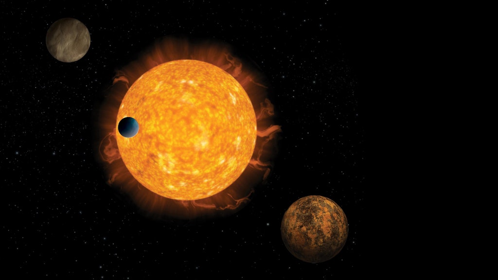 Eine ferne Sonne mit ihren Planeten künstlerisch dargestellt. Das Teleskop Cheops misst winzige Helligkeitsänderungen, die entstehen, wenn ein Planet vor seinem Zentralstern durchzieht.