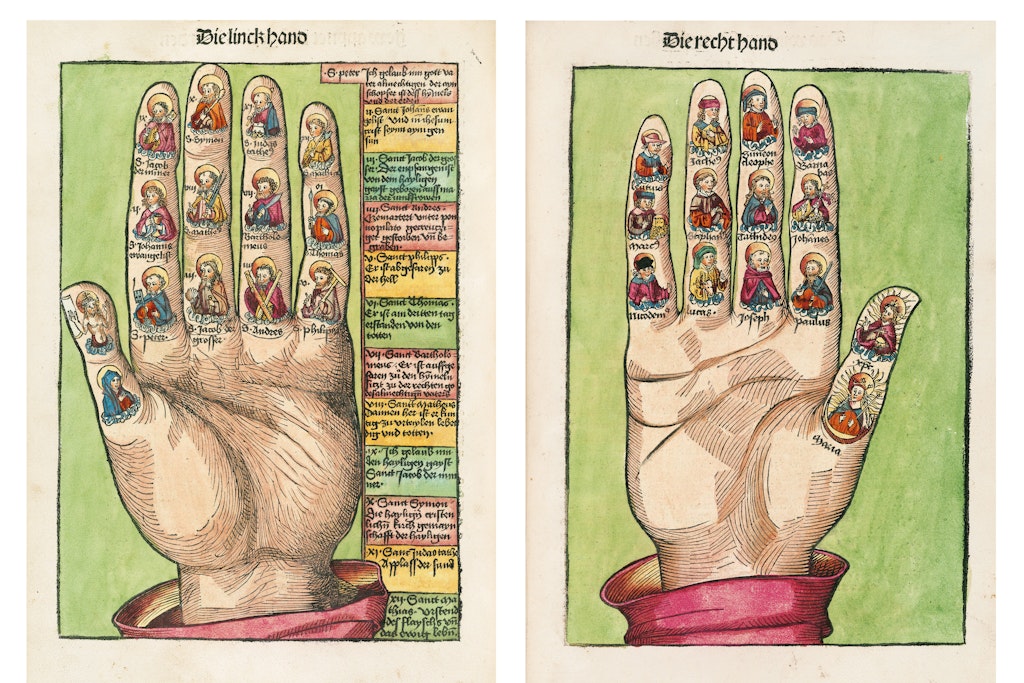 Zwei Seiten aus dem 1491 in Nürnberg erschienenen Band „Schatzbehalter der wahren Reichtümer des Heils“, nachgedruckt im Kompendium zur Geschichte der Infografik. <br>