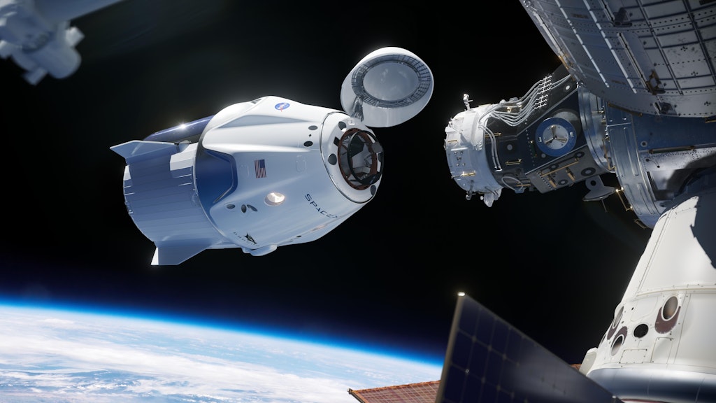 Andockmanöver des Raumschiffs „Crew Dragon“ an der ISS in einer Illustration. Tatsächlich geschehen soll das am Donnerstag. 