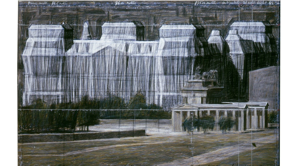 Christos Zeichnung vom verhüllten Reichstag in Berlin 1995.