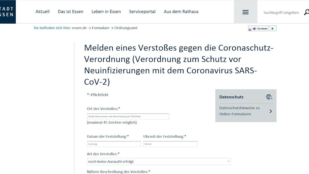Ein Formular zur Meldung eines Verstoßes gegen die Coronaschutz-Verordnung der Stadt Essen wurde scharf kritisiert. 