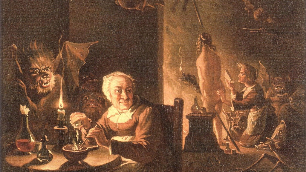 „Hexenszene“ (um 1700). Ausschnitt aus einem Gemälde, das dem Umkreis des flämischen Malers David Teniers d.J. (1610 bis 1690) zugeschrieben wird. Es zeigt ältere Frauen, assistiert von teufelsähnlichen Monstern, bei der Zauberei.<br>