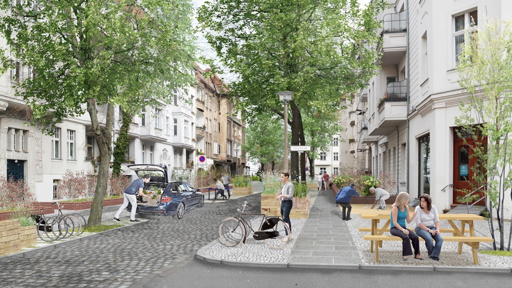 Hochbeete und Stellflächen für Fahrräder anstelle von Parkplätze: So stellen sich der Stadtplaner Martin Aarts und das Büro MLA+ die Wolfshagener Straße in Pankow künftig vor.