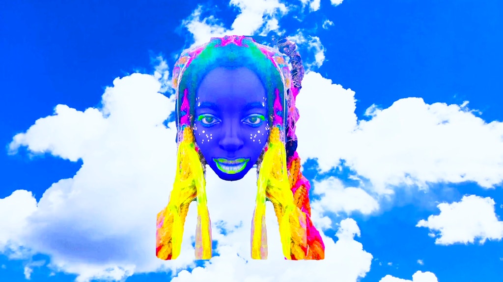 Real-surreal geht es zu in der Galerie Mountains mit Rashiyah Elangas Werk „My Trip Inside The Mesosphere Sponsored By Magic Blue“ 2020, HD-Video.<br>
