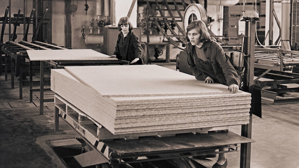 Zwei junge Frauen arbeiten in einem Spanplattenwerk (Symbolfoto).