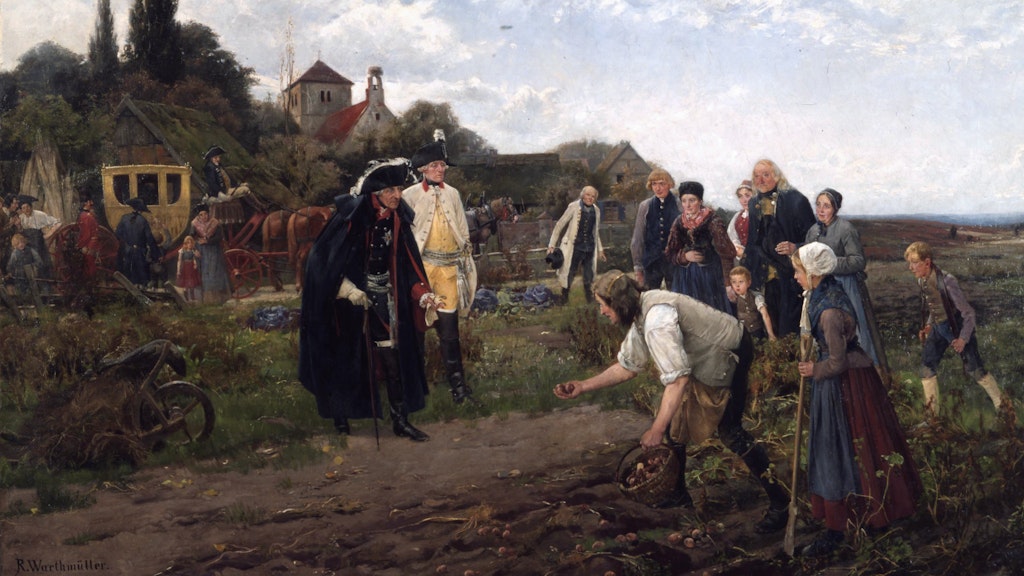 Das Gemälde, 1886 von von Robert Warthemüller gemalt, trägt den Titel „König überall“. Es zeigt Friedrich den Großen, wie er den von ihm gewünschten Kartoffelanbau inspiziert. Der Bauer nähert sich ihm untertänigst. Auch seine Kinder leisten Feldarbeit.<br>