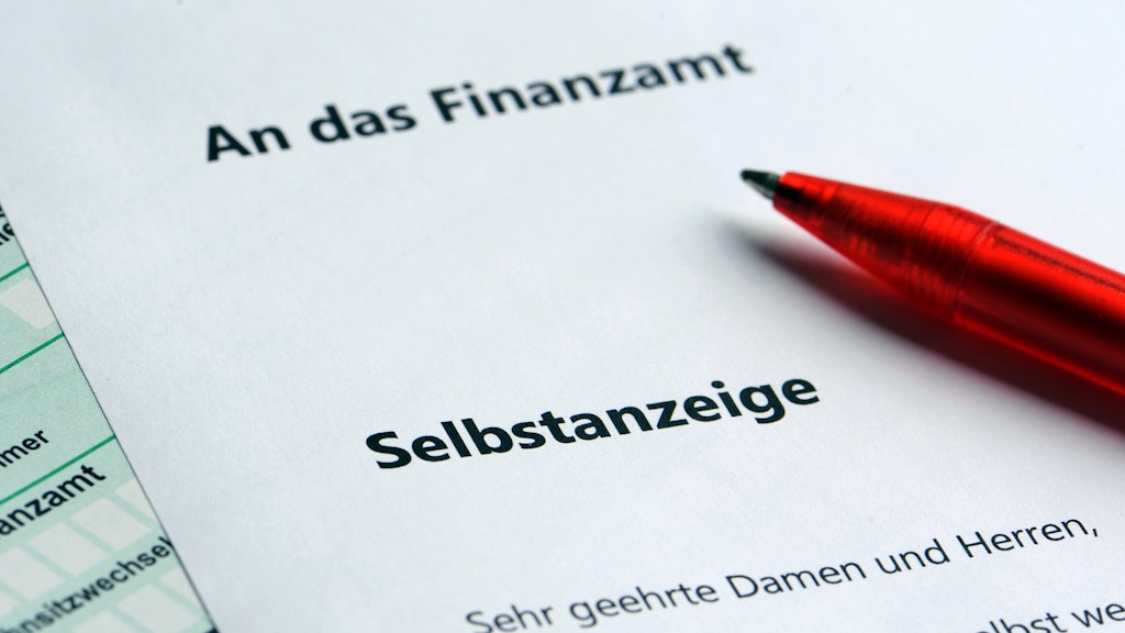 Ein Kugelschreiber liegt auf einer Selbstanzeige neben einer Einkommenssteuerklärung.