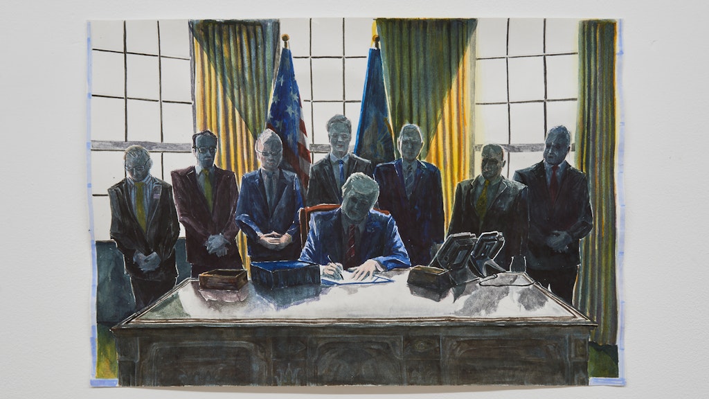 Ein Werk aus der Gruppenausstellung: „Perhaps A window?“, zu sehen in der Galerie Stadium. Der Maler Anders Dickson zeigt den mächtigsten Mann der Welt und seine devote Entourage. Titel des Bildes: „signature like smoke/stimulus shadow“.