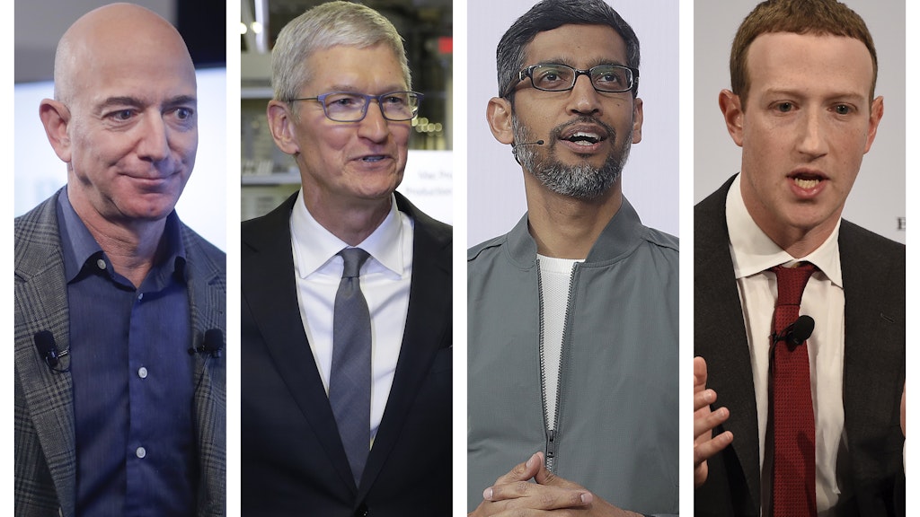Missbrauchen die Konzerne ihre Marktmacht? Dazu müssen sich die Chefs von Amazon (Jeff Bezos), Apple (Tim Cook), Google (Sundar Pichai) und Facebook (Mark Zuckerberg) äußern.