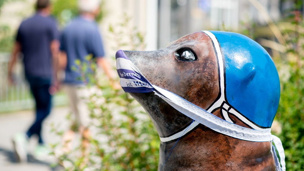Die an der Nordsee bekannte Seehundfigur Fernando mit einer Mund-Nasen-Bedeckung in Norderney. 