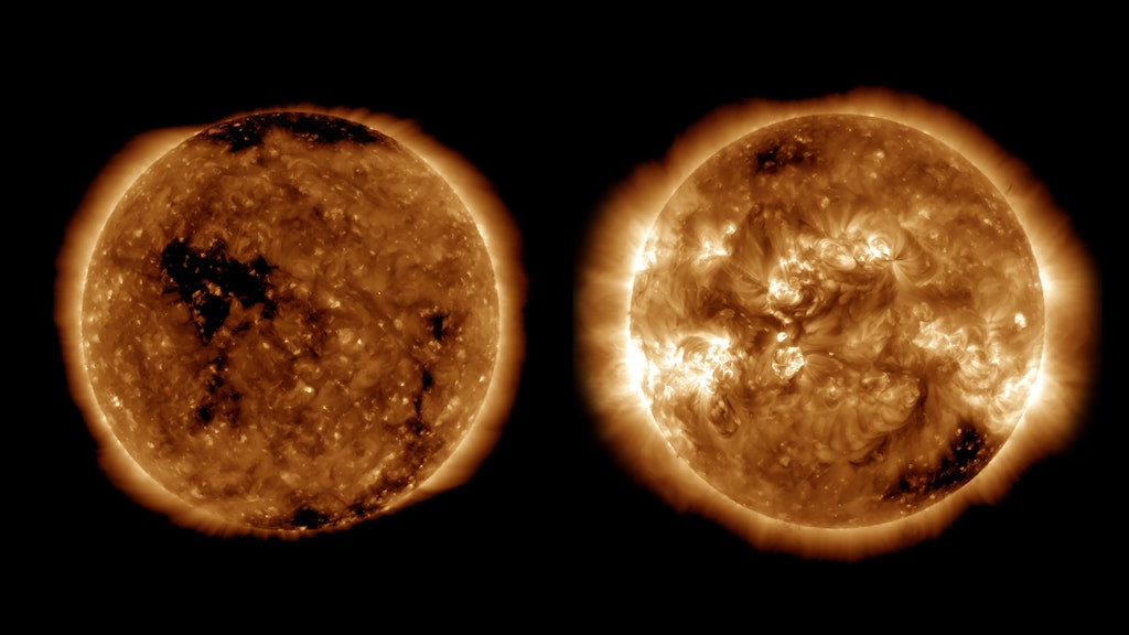 Wie in diesen UV-Aufnahmen zu sehen ist, zeigt sich die Atmosphäre der Sonne im Aktivitätsminimum (links, Oktober 2019) von ihrer eintönigen Seite, im Aktivitätsmaximum (rechts, April 2014) als wahres Feuerwerk. Die Sonne ist Wissenschaftlern zufolge in einen neuen Zyklus ihrer Aktivität eingetreten.