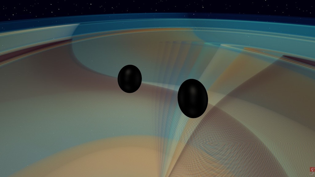 Simulation von zwei Schwarzen Löchern, die einander umkreisen, sich annähern und verschmelzen.