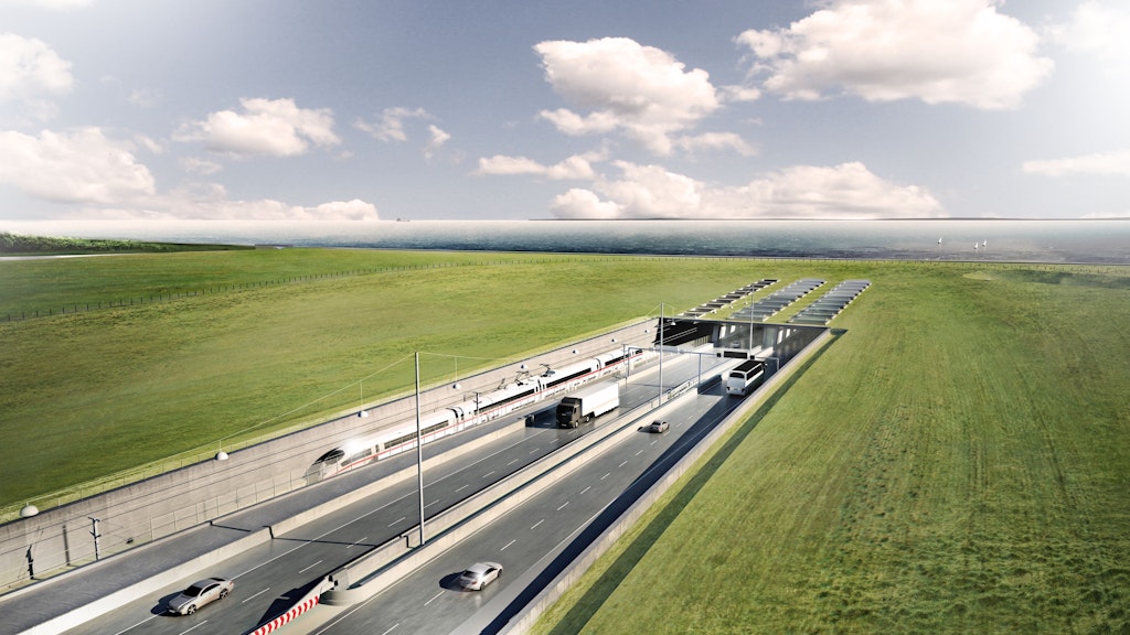 Eine Visualisierung des geplanten Fehmarnbelt-Tunnels zwischen Deutschland und Dänemark mit dem Tunneleingang auf dänischer Seite bei Rodbyhavn. 