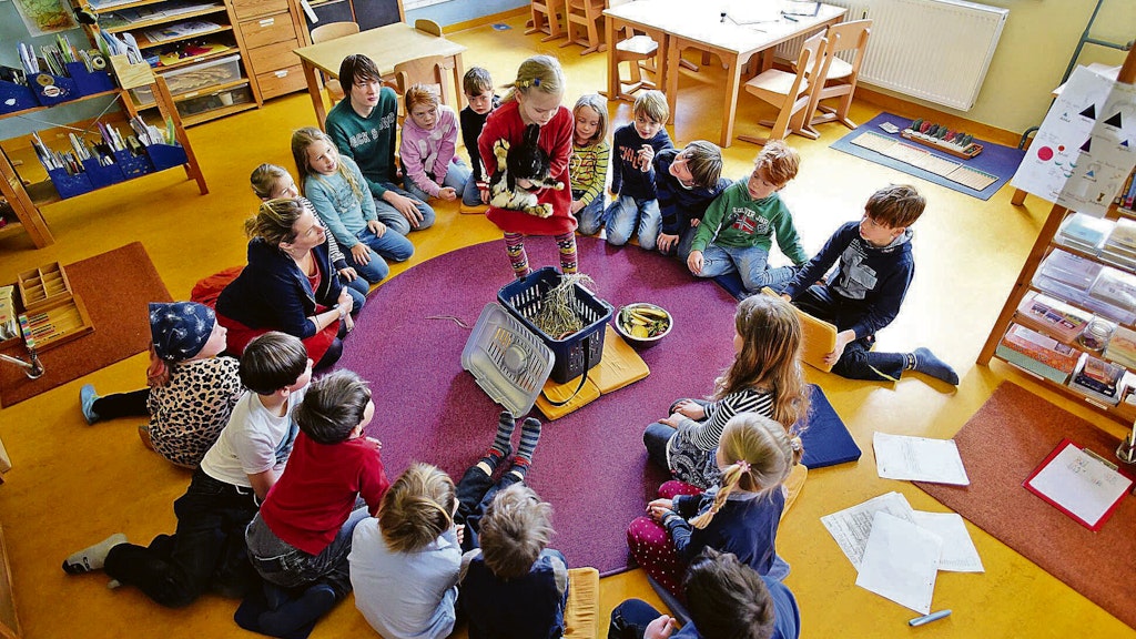 Szene in einer freien Grundschule: ein Mädchen hält ein Kaninchen im Arm.