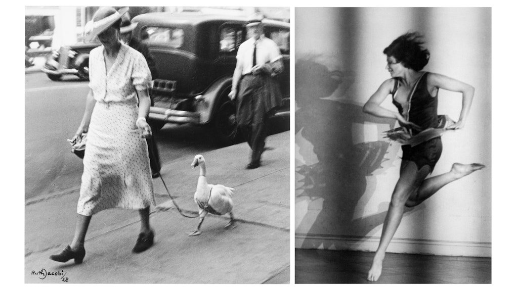 Schwesterliches Doppel: Ruth Jacobi, „Spaziergängerin mit Gans“, New York, 1928, und Lotte Jacobi, die Tänzerin Claire Bauroff, „Drehung“, Berlin, 1928.