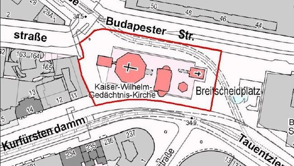 Der abgesperrte Bereich rund um die Kaiser-Wilhelm-Gedächtniskirche und den Breitscheidplatz ist rot markiert. 